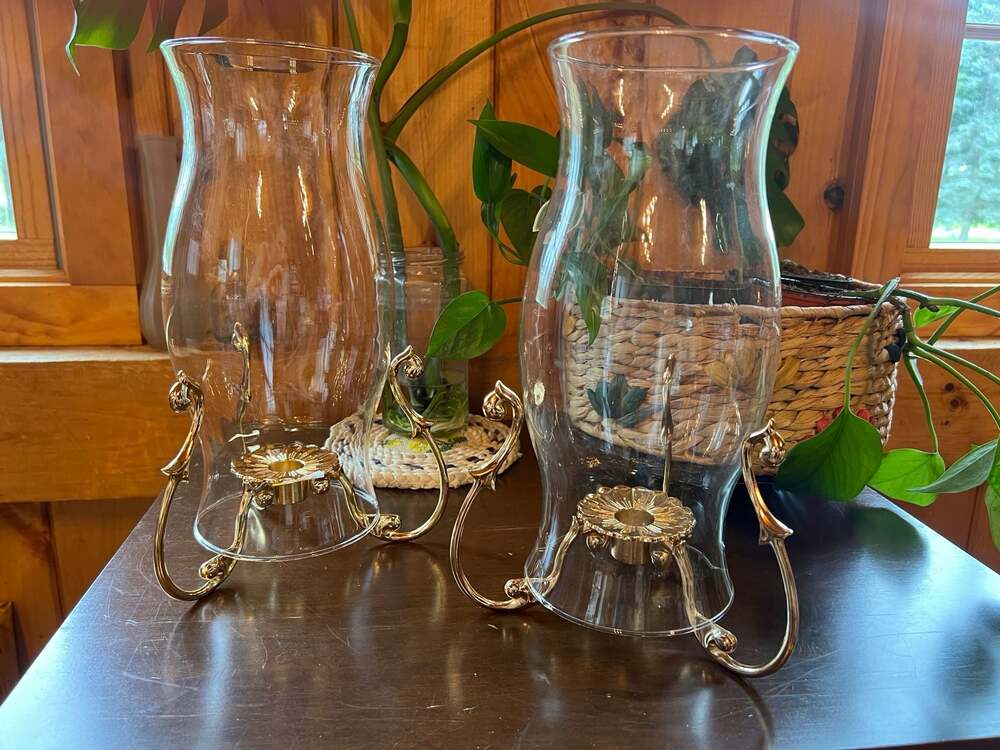 SET OF 4 items! PartyLite Versailles Brass Candle Holders and Glass Hurricanes P